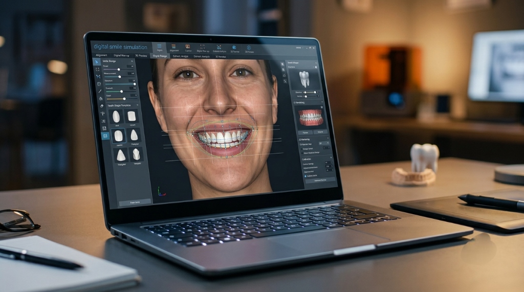 Tablet smile simulation interface displaying dental proportion guides over clinical portrait